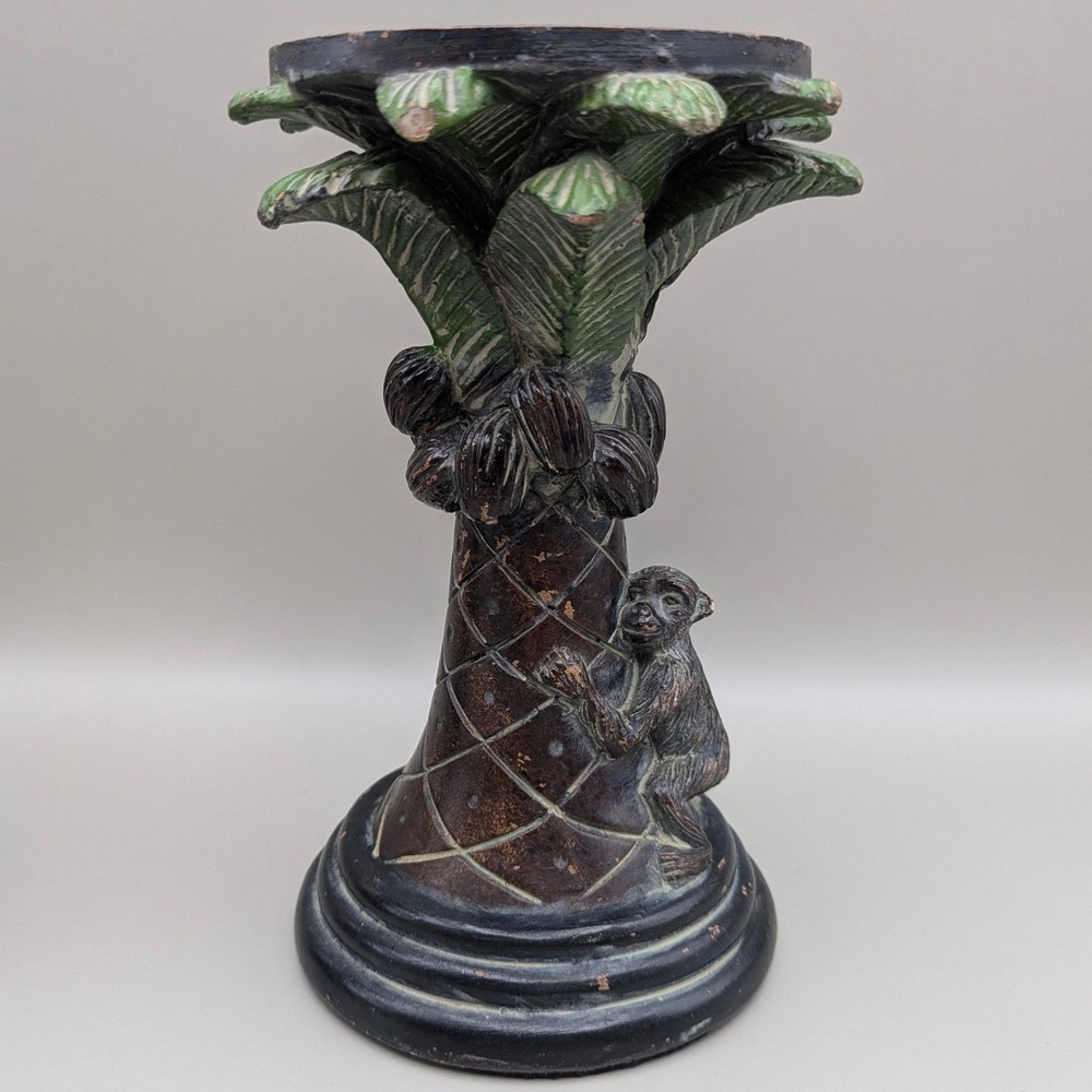 Vintage Style Monkey Palm Tree Coconuts Pillar Candle Stands Holders - Set of 2 - Picture 2 of 16
